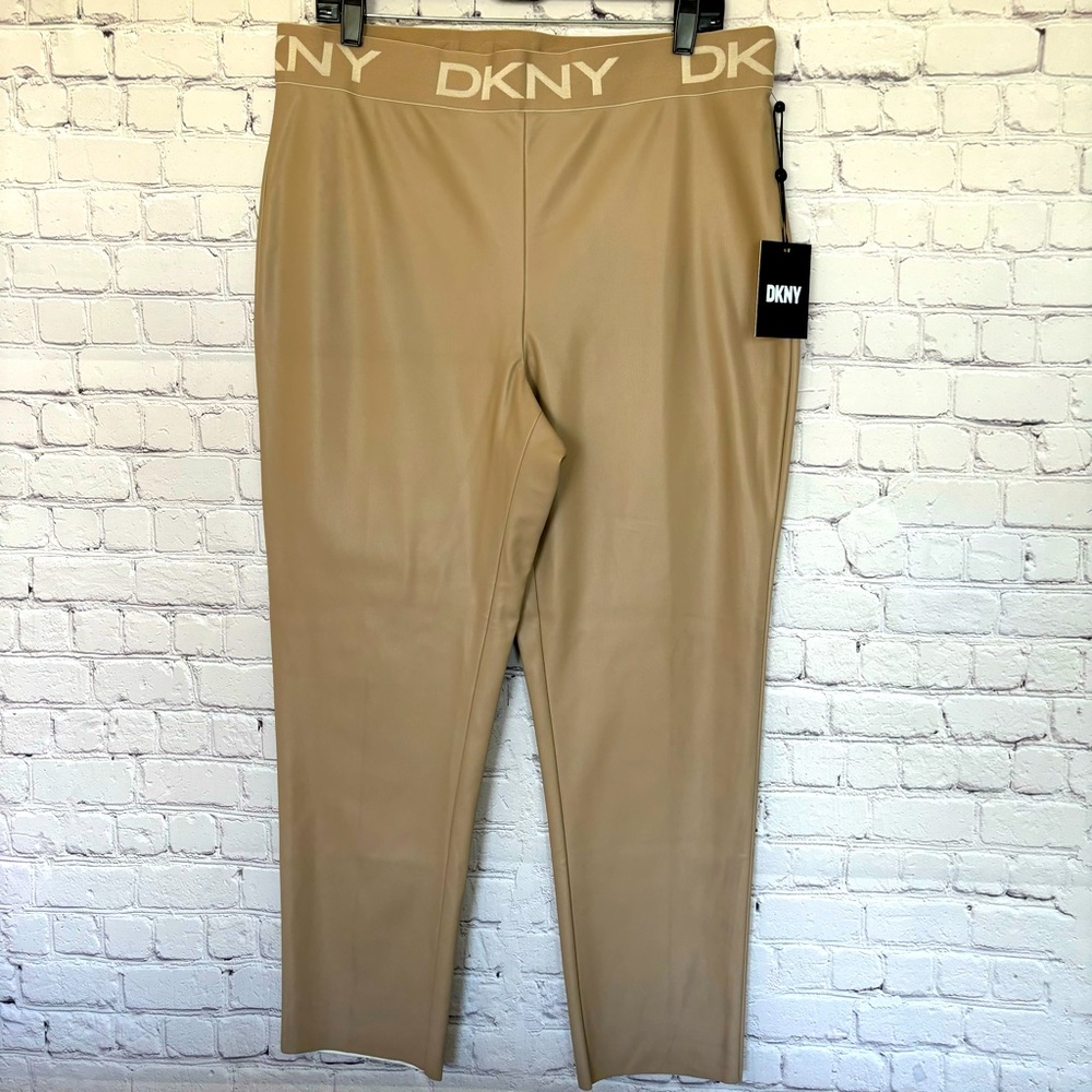 DKNY Tan Faux Leather High Waist Straight Leg Pants--NWT--XL